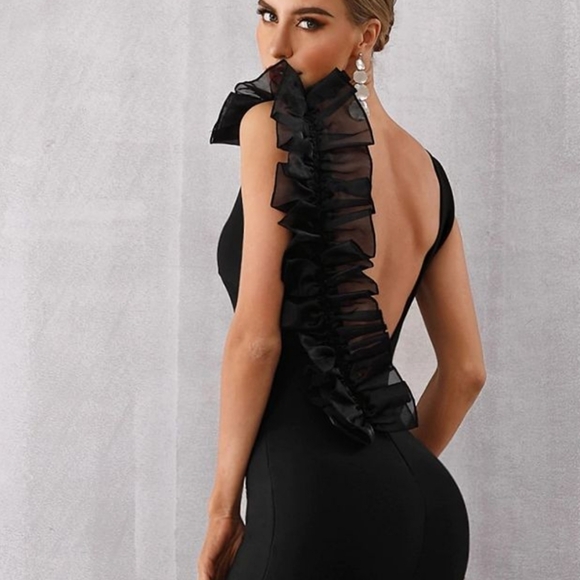 Navy Fitted Cocktail Dress with Stunning over Shoulder Applique, Size US 6 to 8 - Picture 3 of 7